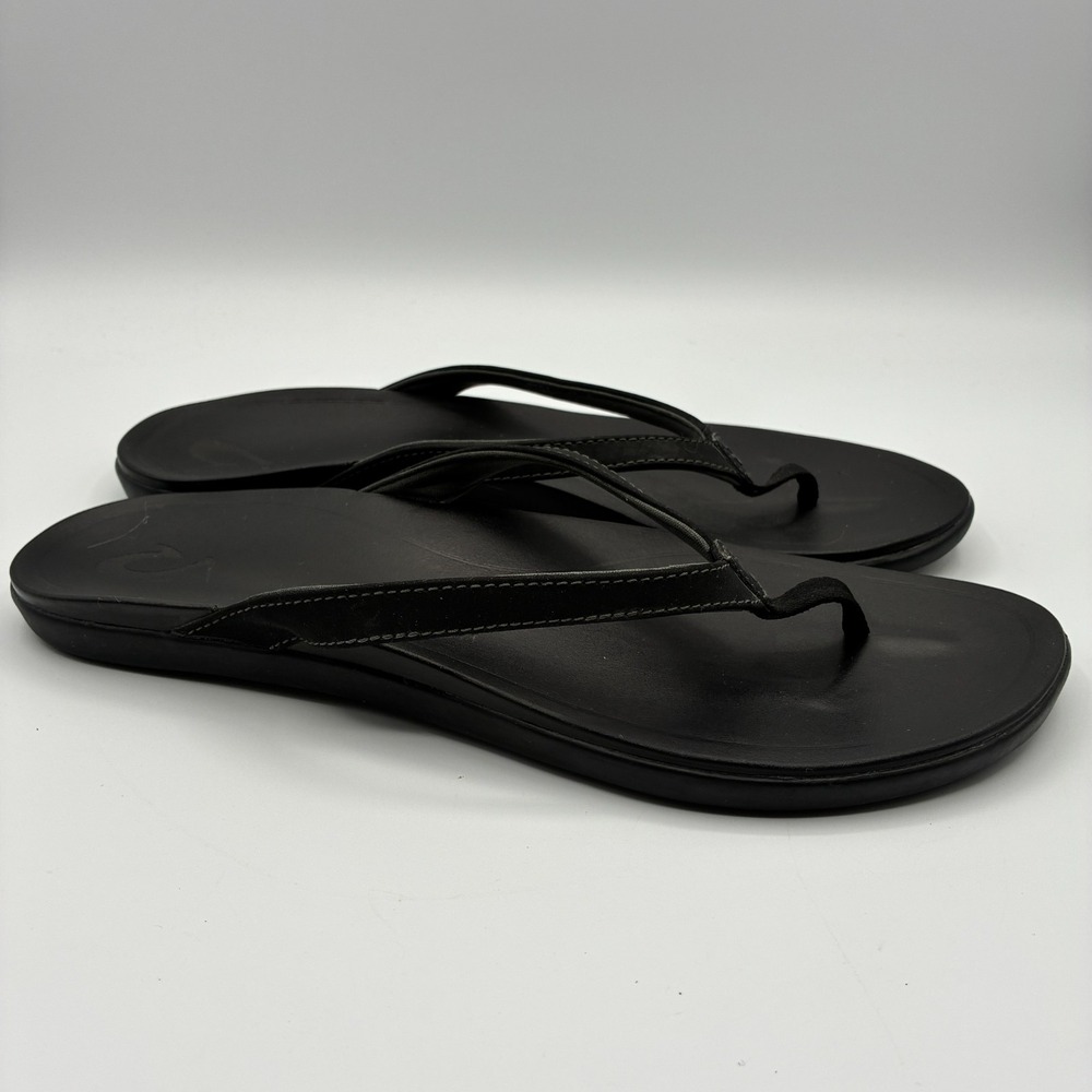 Olukai Flip Flops Womens 11 Ho'opio Black Leather Thong Flats Slip On Beach - Picture 6 of 10